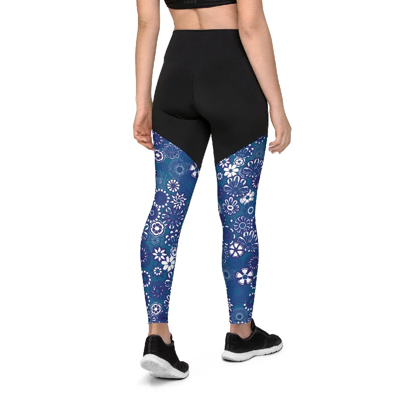 Epic Deals Navy Flowers on Blue Lycra Sports Leggings for women