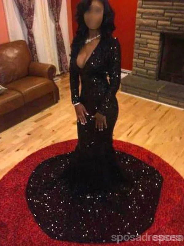 While Supplies Last Black Sequin Long Evening Prom Dress, Black 2017 Prom Dress, Long sleeve Evening Dress, Sparkly Prom Dress, Simple Prom Dress, 17019