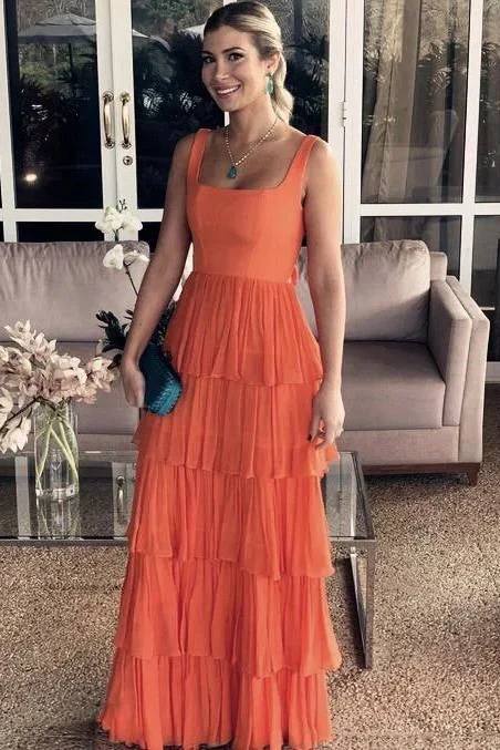 Seasonal Clearance Elegant Straps Square Layered Sleeveless Long Prom Formal Dress