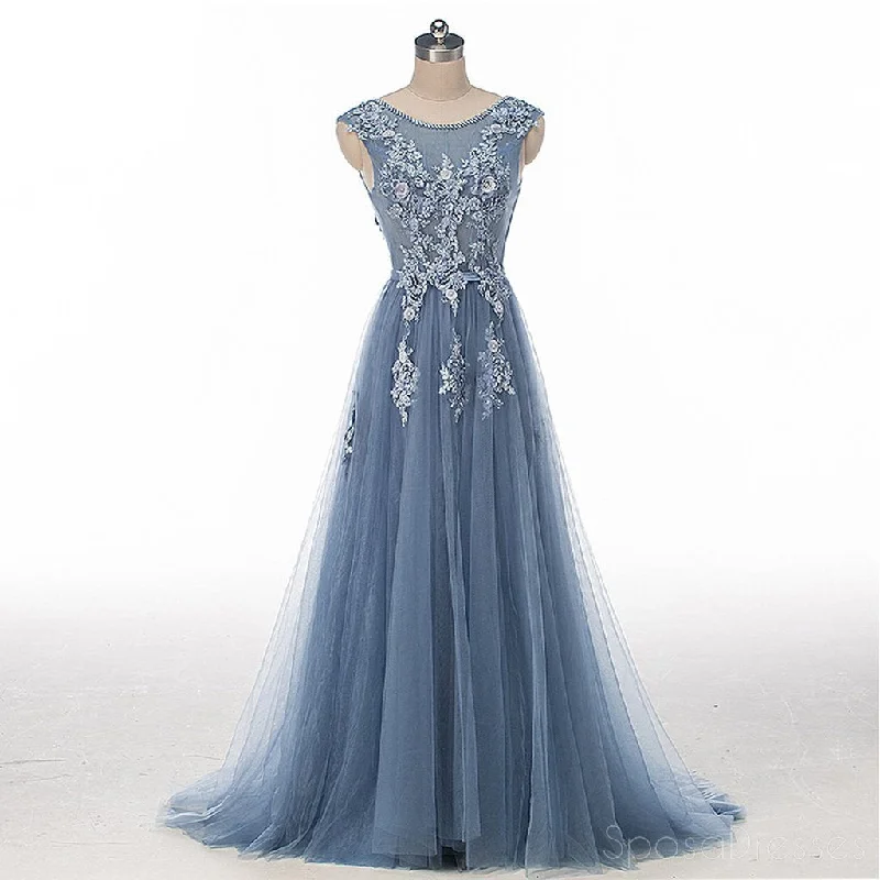 Friends and Family Sale Lace Beaded Dusty Blue Scoop Neckline Evening Prom Dresses, Long Sexy Party Prom Dress, Custom Long Prom Dresses, Cheap Formal Prom Dresses, 17134