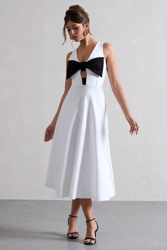 Limited Time Offer Primrose | White Plunge-Neck Midi Dress With Black Bow