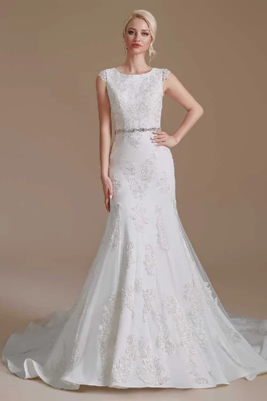 Extra Savings White Lace Cap Sleeve Sheer Back Mermaid Wedding Dress