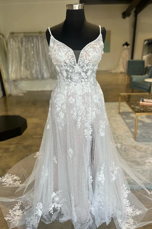 Sale Event Ivory Floral Lace Spaghetti Strap Long Bridal Gown