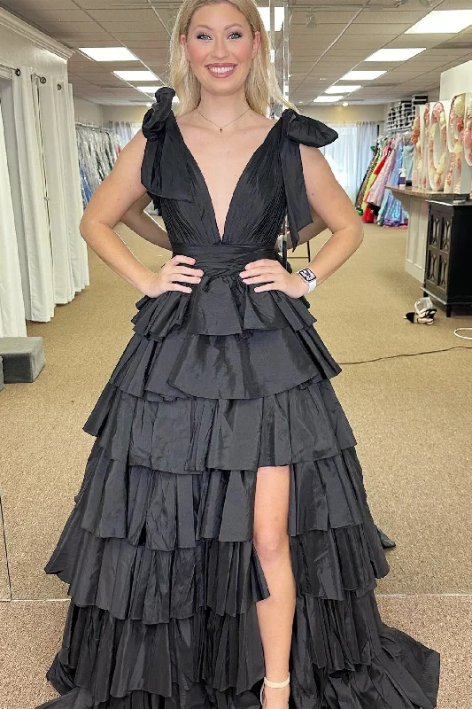 Today’s Deal Black Plunge V Ruffle Tiered Ball Gown with Slit