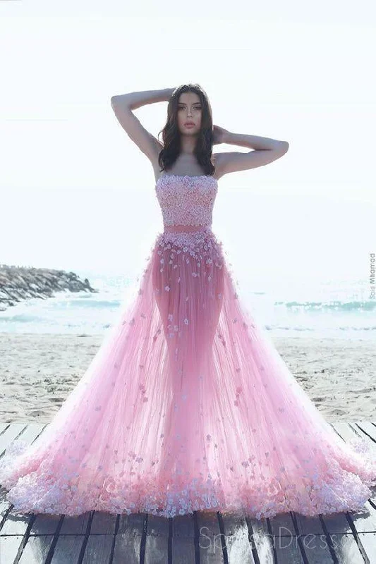 Limited Time Two Pieces Pink Tulle Lace Long Evening Prom Dresses, Sexy See Through Party Prom Dress, Custom Long Prom Dresses, Cheap Formal Prom Dresses, 17045