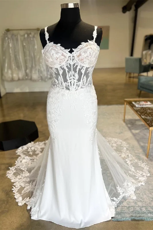 Price Rollback White Sheer Corset Mermaid Wedding Dress with Mesh Train