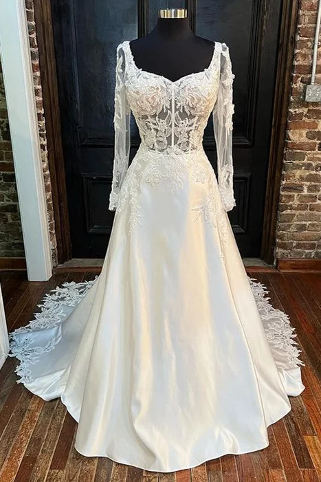 Best Bargains White Queen Anne Long Sleeve A-Line Wedding Dress