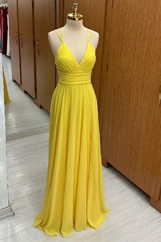 Price Break V-Neck Cross Back Chiffon Bridesmaid Dress in Yellow