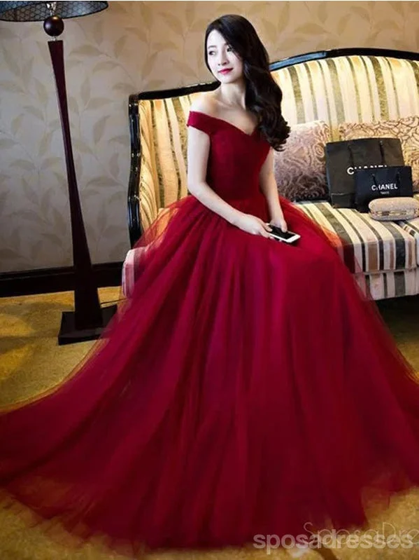 Deal Explosion Off Shoulder Red A line Evening Prom Dresses, Long Tulle Party Prom Dress, Custom Long Prom Dresses, Cheap Formal Prom Dresses, 17069