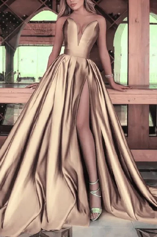 Markdown Madness A-Line Strapless V-Neck Empire-Waist Sleeveless Satin Long Prom Dress Markdown Madness A-Line Strapless V-Neck Empire-Waist Sleeveless Satin Long Prom Dress