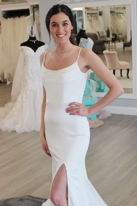 Bargain Bin White Cowl Neck Backless Long Wedding Dress with Slit