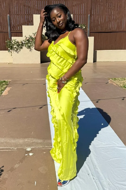 Price Drop Lime Green V-Neck Spaghetti Strap Ruffle Maxi Dress
