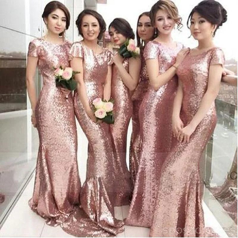 Instant Discount Sequin Short Sleeve Sexy Mermaid Rose Gold Long Bridesmaid Dresses, WG78 Instant Discount Sequin Short Sleeve Sexy Mermaid Rose Gold Long Bridesmaid Dresses, WG78