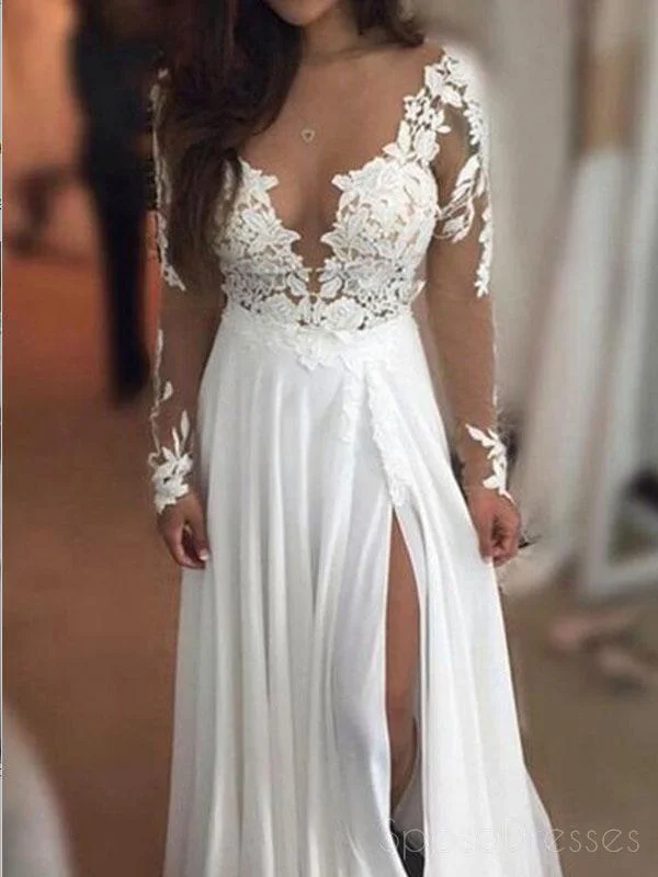 Year-End Sale Long Sleeve Lace Beach Wedding Dresses, See Through Chiffon Wedding Gown, 17088