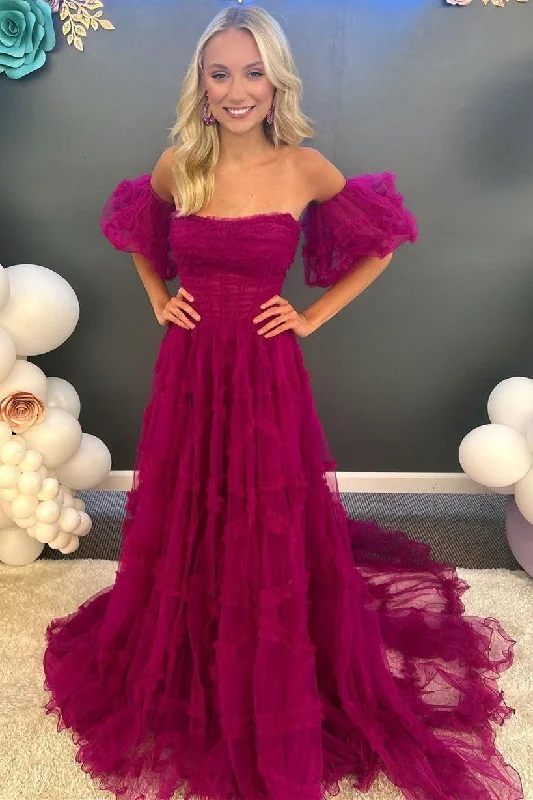 Limited Time Magenta Strapless Ruffles A-Line Long Formal Dress with Puff Sleeves