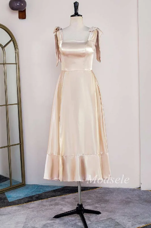 Markdowns Champagne Bow Strap Ruffle A-Line Formal Dress