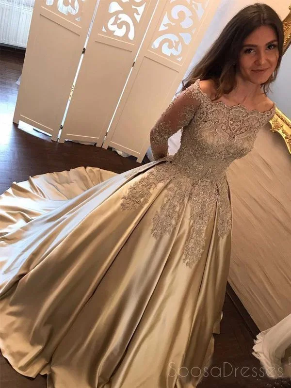 Price Cut Off Shoulder Long Sleeve Gold Beaded A line Sparkly Evening Prom Dresses, 17159