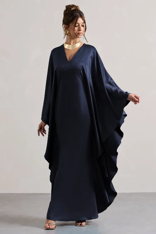 Early Bird Discount Alohi | Navy Satin Plunge Cape Maxi Dress