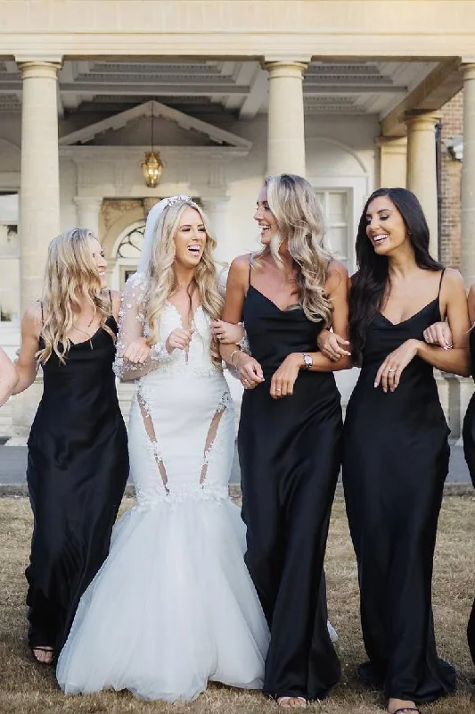 TIME-Limited Offer Black Spaghetti Straps Cowl Neck Satin Long Bridesmaid Dress