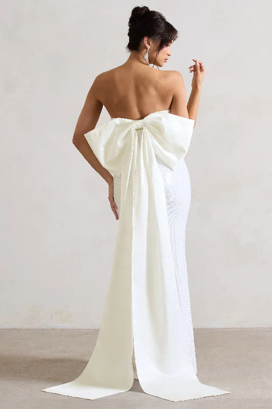 Fantastic Offers To You | White Sequin Bandeau Split Maxi Dress With Oversized Bow