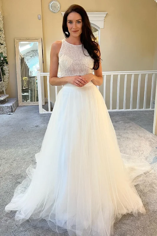 Blowout Sale Two-Piece White Beaded A-Line Long Wedding Dress
