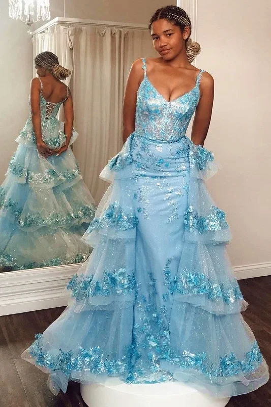 Special Savings Blue Sequin Lace V-Neck Pageant Dress with Attached Train