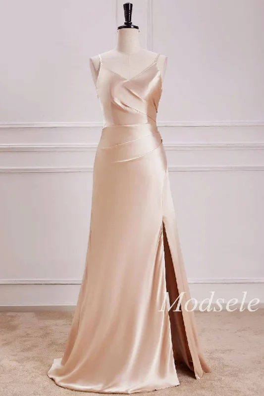 Season Finale Sale V-Neck Pleated Bodice Maxi Dress in Champagne