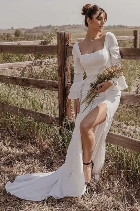 Great Bargains White Square Neck Long Sleeve Long Wedding Dress with Slit