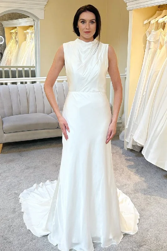 Factory Direct Sale White High-Collar Backless A-Line Long Wedding Dress