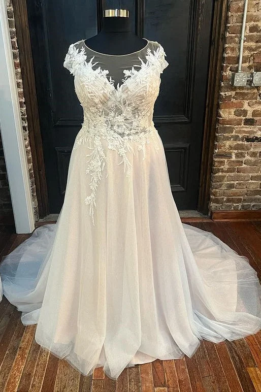 Special Buy White Round Neck Cap Sleeve A-Line Long Wedding Dress