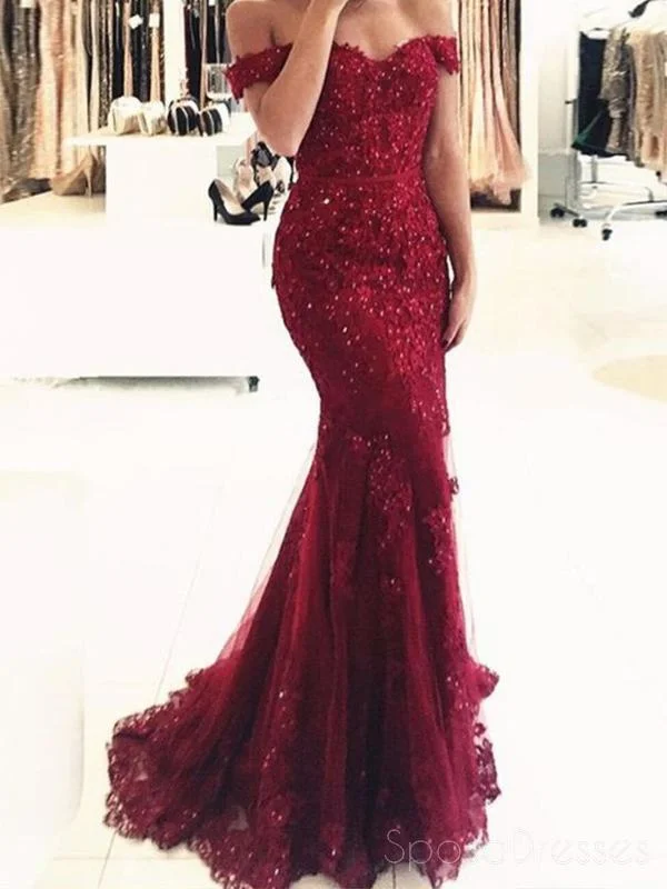 Warehouse Sale Off Shoulder Burgundy Lace Beaded Evening Mermaid Prom Dresses, Long Sexy Prom Dresses 17132