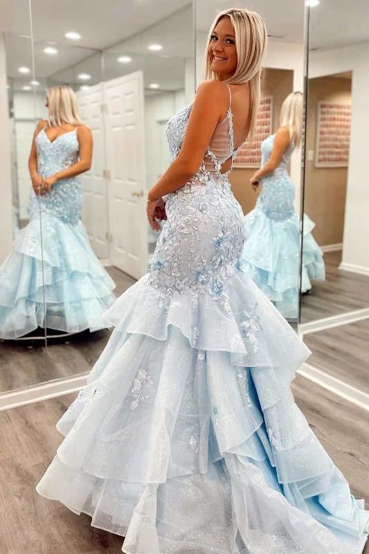 Today’s Deal Light Blue 3D Floral Lace Tiered Trumpet Long Prom Dress