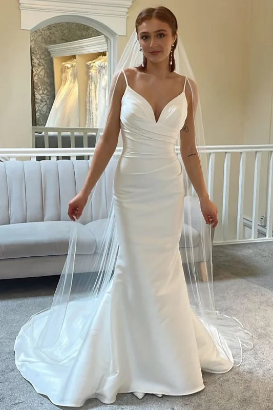 Limited Quantity Ivory Spaghetti Strap Backless Trumpet Long Wedding Dress