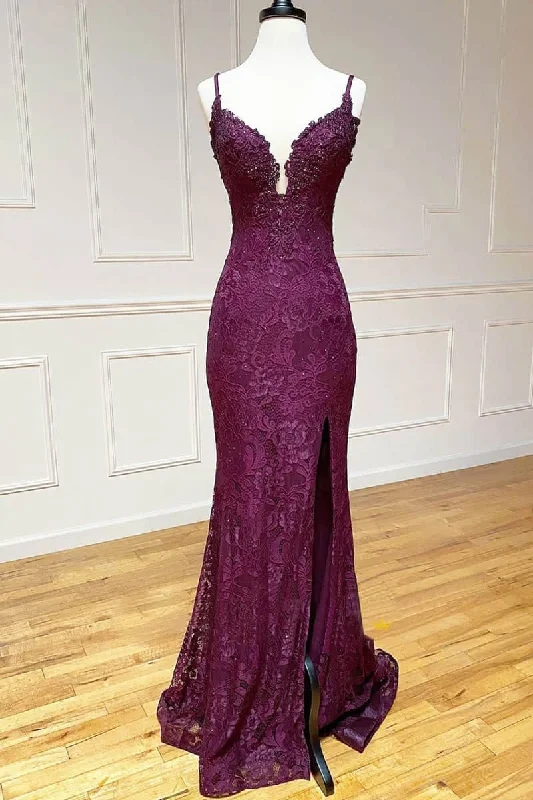 Weekend Deal Lace Spaghetti Straps V-Neck Mermaid Formal Prom Dress with Slit