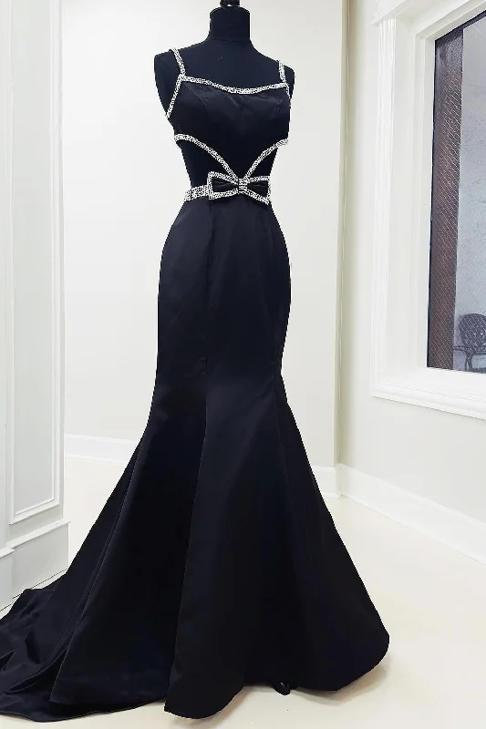 Discount Days Black Mermaid Straps Bow Beads Scoop Satin Long Prom Formal Dress