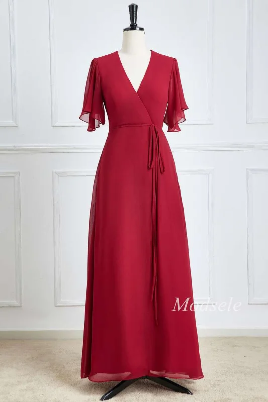 Deal Dash Wine Red Chiffon Surplice Neck A-Line Long Bridesmaid Dress