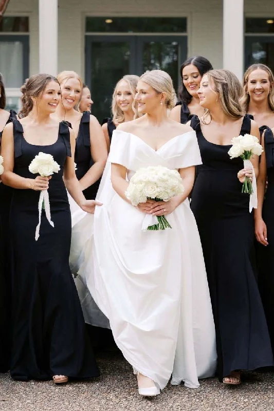 Flash Deals Black Straps with Bows Mermaid Satin Pleats Long Bridesmaid Dress