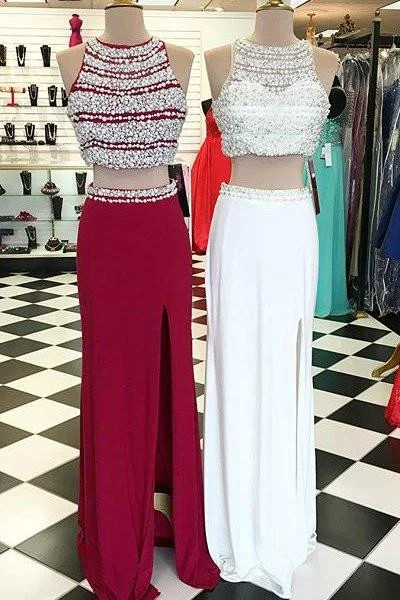 Super Bargain Sexy Two Pieces Red Beaded Evening Prom Dresses, Long Beaded Party Prom Dress, Custom Long Prom Dresses, Cheap Formal Prom Dresses, 17055