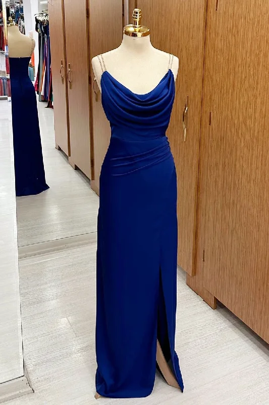 Deal Explosion Royal Blue Cowl Neck Sheath Maxi Dress with Slit