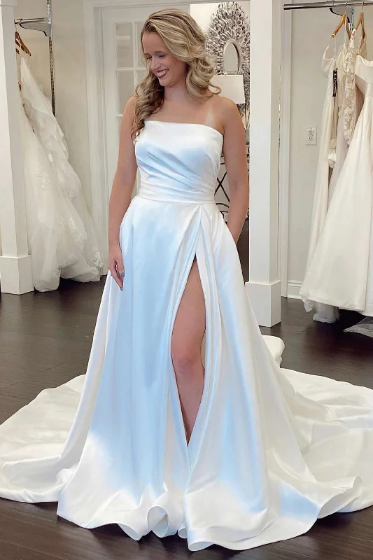 Limited Stock White Satin Strapless A-Line Bridal Gown with Slit