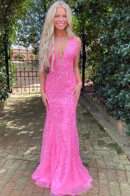 The Best Prices Deep V-Neck Straps Pink Lace Appliques Mermaid Long Prom Dress