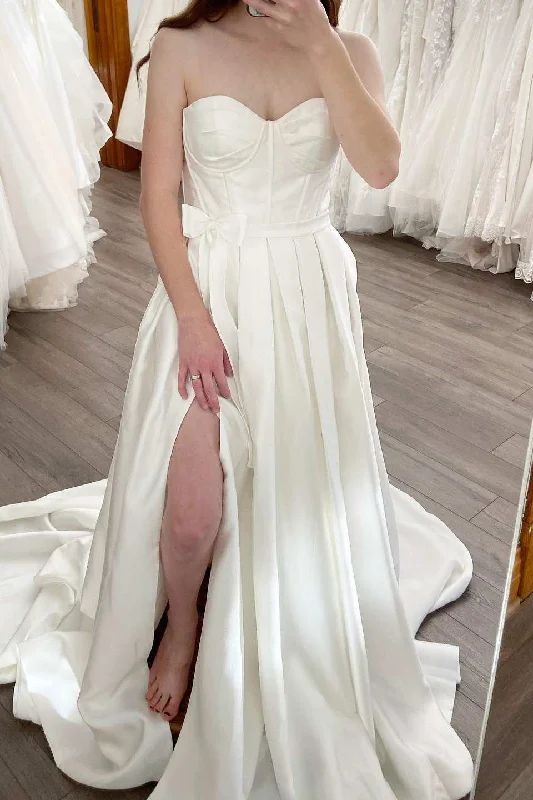 Discount Days A-Line Strapless Empire-Waist Sleeveless Satin Long Wedding Dress