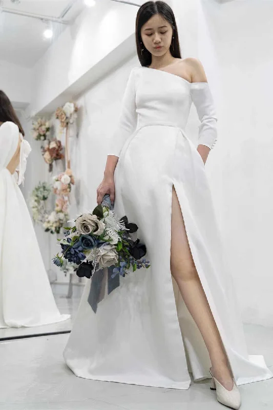 Exclusive Offers White Asymmetrical Backless Long Wedding Dress with Slit