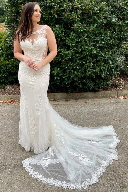 Hurry In White Lace Illusion Neck Mermaid Long Bridal Gown