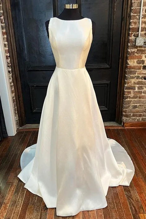 Savings Alert White Satin Crew Neck Bow-Back A-Line Wedding Dress