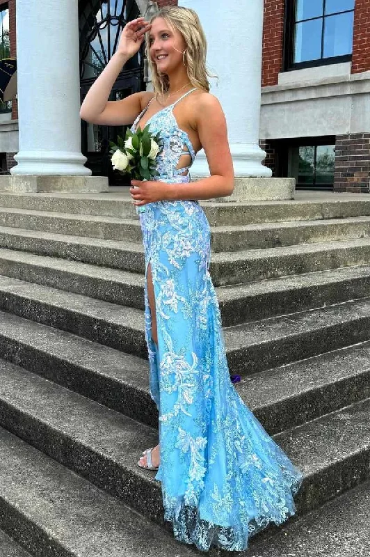 New Deals Spaghetti Straps V-Neck Appliques Sleeveless Formal Prom Dress with Slit