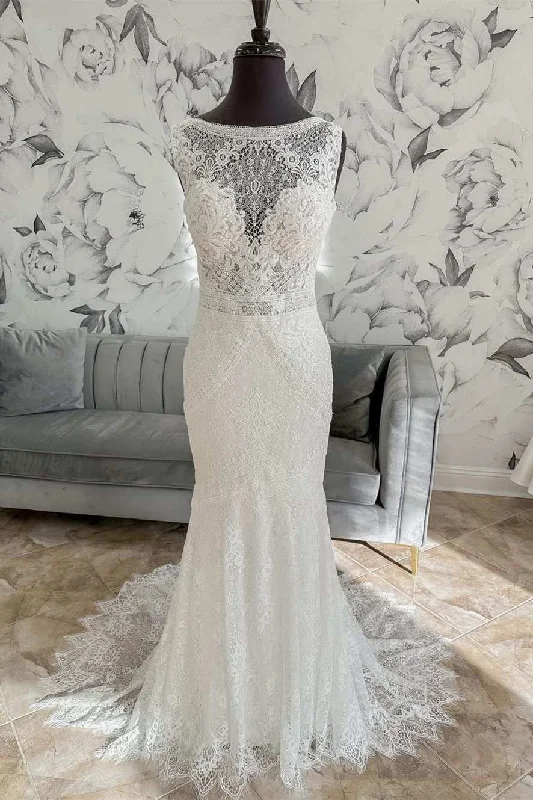 Great Bargains White Lace Open Back Mermaid Long Wedding Dress
