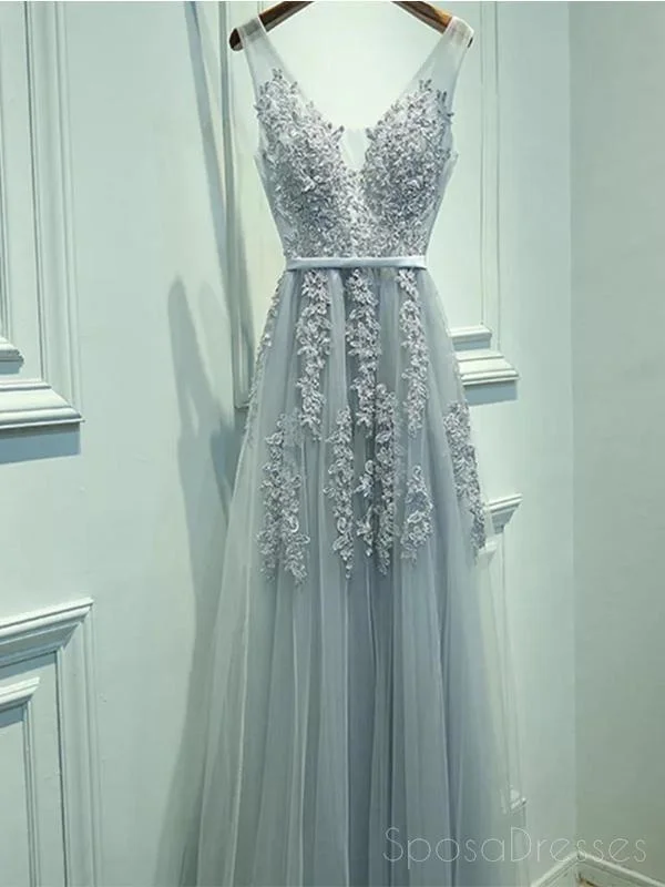 Bonus Savings V Neckline Grey Lace Evening Prom Dresses, Tulle Long Party Prom Dresses, Custom Cheap prom dresses, prom dresses shop, online prom dresses, 17065