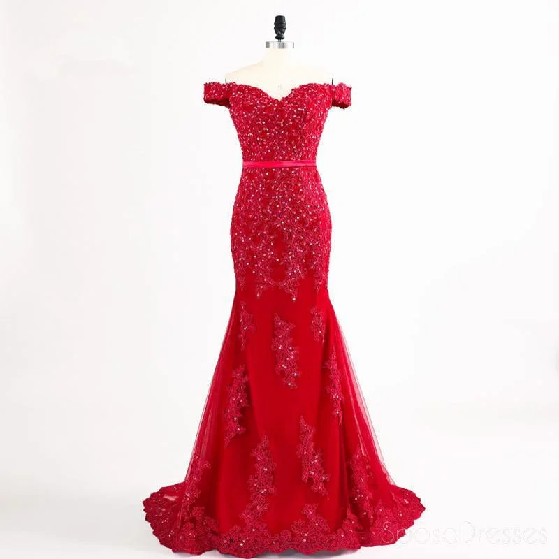 Super Bargain Red Sexy Mermaid Off Shoulder Lace Beaded Evening Prom Dresses, Popular Beaded Party Prom Dress, Custom Long Prom Dresses, Cheap Formal Prom Dresses, 17154