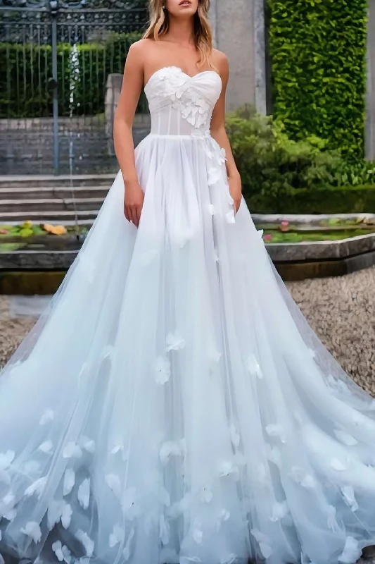 Price Fest Strapless A-Line Lace Appliques Tulle Bohemian Wedding Dress